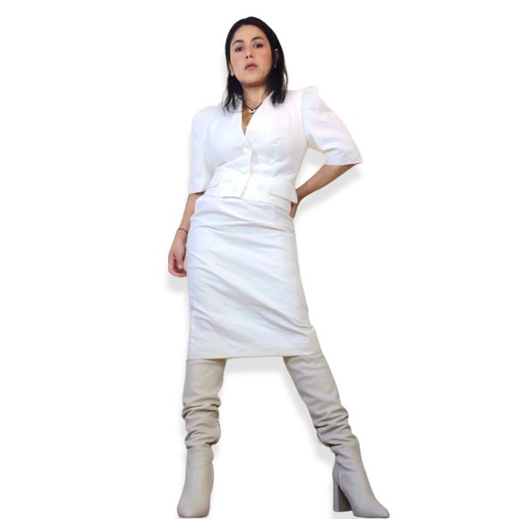 Jaeger vtge Britain made quilted roses puff sleeve jacket & high rise skirt set - Picture 2 of 8